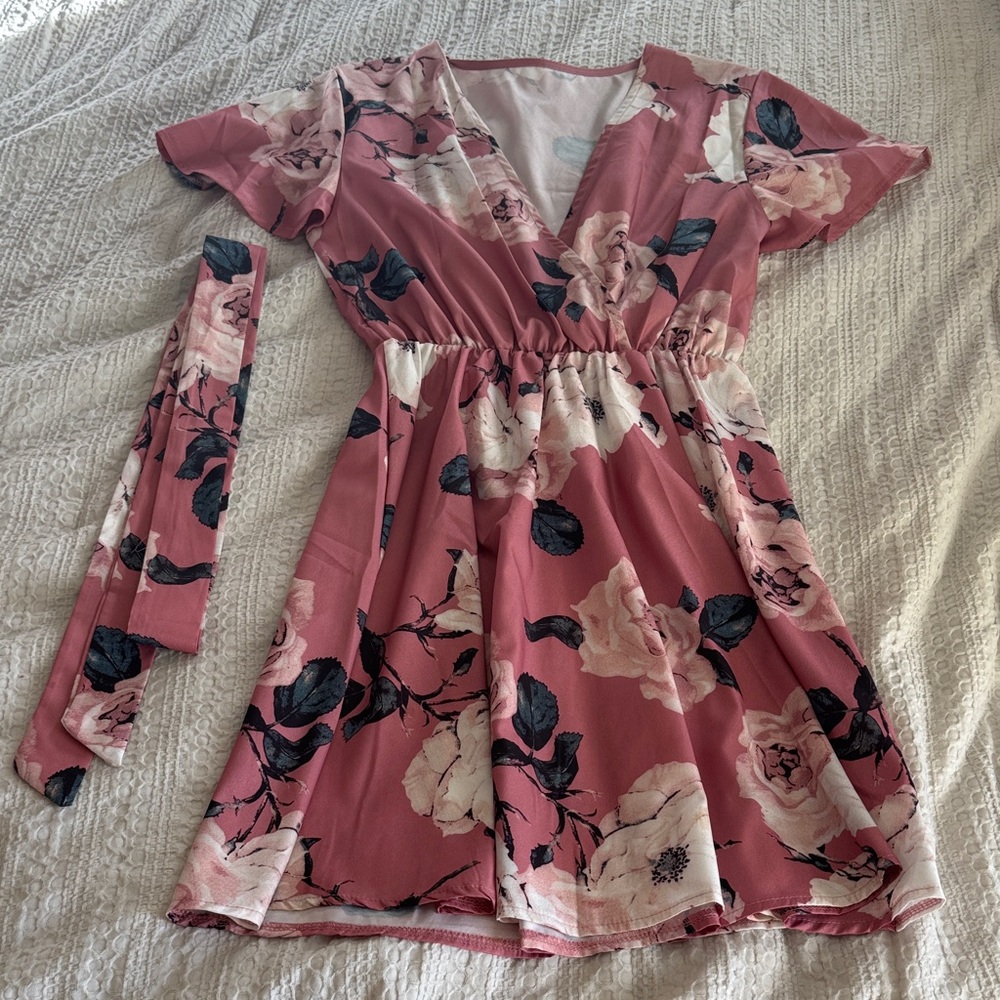 Silky Floral V-Neck Dress with Belt